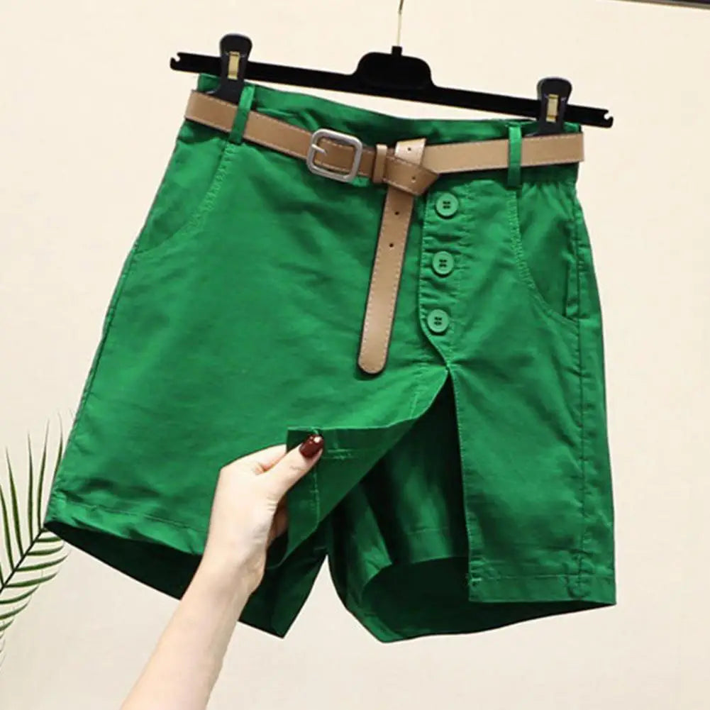 Women Skirt Shorts Above Knee Length High Waist Fake Two Piece Button Decor Side Split Pockets Straight Streetwear
