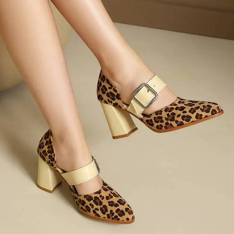 SpringAutumn New Model Fashion High Heels Nude Shoes Color Blocking Pointed Tip Buckle Leopard Print Sexy Party Women's Shoes
