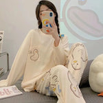 New Women's Spring and Autumn Fashion Cartoon Casual Pajamas, Thin Winter Homewear, Plus-Size Simple and Loose Teenage Pajama Se