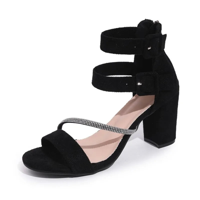Women's Black Suede Peep Toe Chunky Heel Sandals 2026 Summer Fashion Shoes Elegant Plus Size High Heel Sandales Shoes
