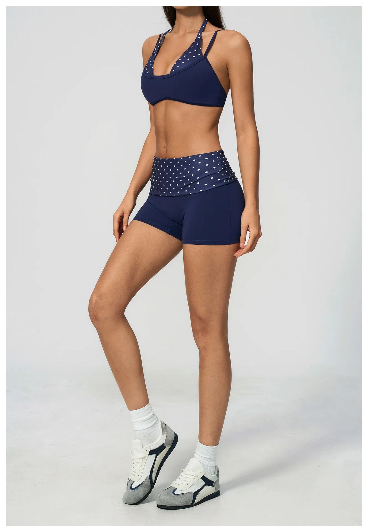 Breathable Striped Patchwork Yoga Clothing Women Fake Two-piece Sports Bra Folding High Waist Shorts Gym Running Fitness Suit
