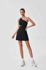 Sexy Hollow Waist Tennis Dress Women One Shoulder Pleate Sleeveless Built in Bra with Inner Separate Shorts Yoga Golf Dresses