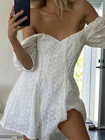 White lace embriodery summer beach dress women elegant hollow out lace up short dress off shoulder puff sleeve sheer dress 2025