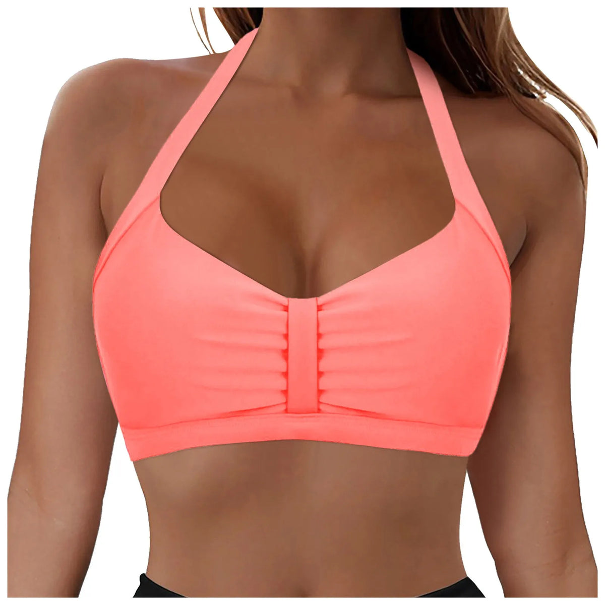 Womens Halter Neck Ruched Bikini Top Padded Push Up Swim Tops Adjustable Tie Back Bathing Suit Top Beach Pool Vacation Swimwear