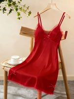Women Satin Nightdress Lace Trim Slip Dress Spaghetti Strap Silky Nightgown Elegant Sleepwear Home Lingerie