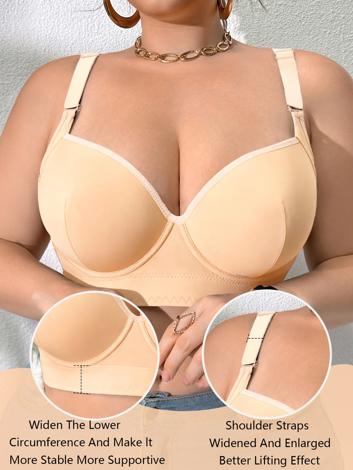 Large Size Women's Bra Thin Cup Push Up Bra Side-Breast-Enhancing Comfort Underwire Lingerie Adjustable Wide Straps Underwear