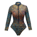 Vintage Leaves Print SPF Sunscreen Pants Swimwear Sets Women Long Sleeve Zipper Bathing Suit Sun Protect One Piece Swimsuit 2026
