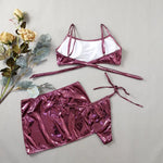 Shiny Pink Micro Thong 3 Piece Bikini Set Damen Women 2026 Sexy Swimsuit with Skirt Cover Up Bandeau Swimwear Beachwear Bikinis