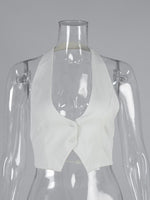 Elegant Halter Neck Backless White Tank Tops Women 2026 Summer Sexy Off Shoulder Buttons Crop Top High Street Lady Solid Vests