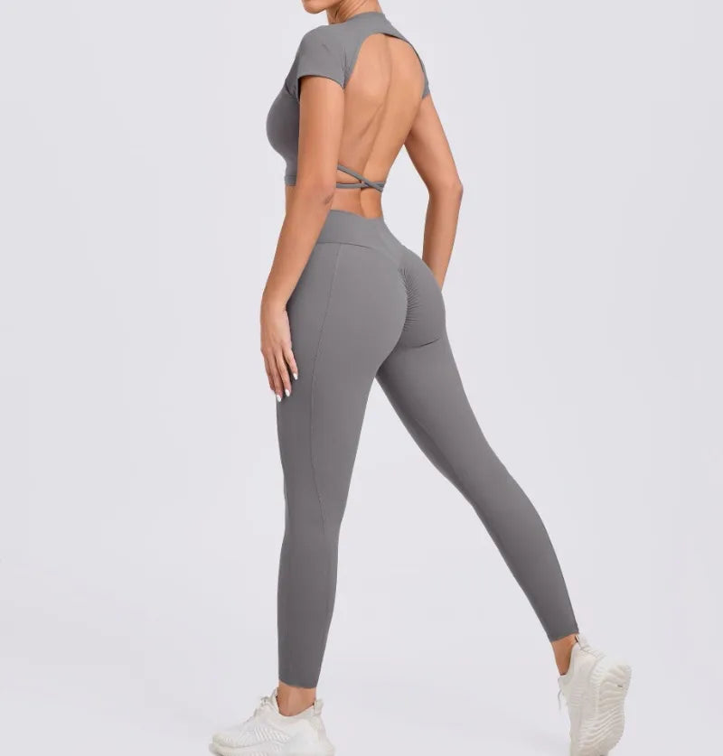 Women's Yoga Sets 2 Piece High Waist Hip Lift Leggings with Cross Back Sports Bra Seamless Workout Clothes Fitness Gym Wear Set