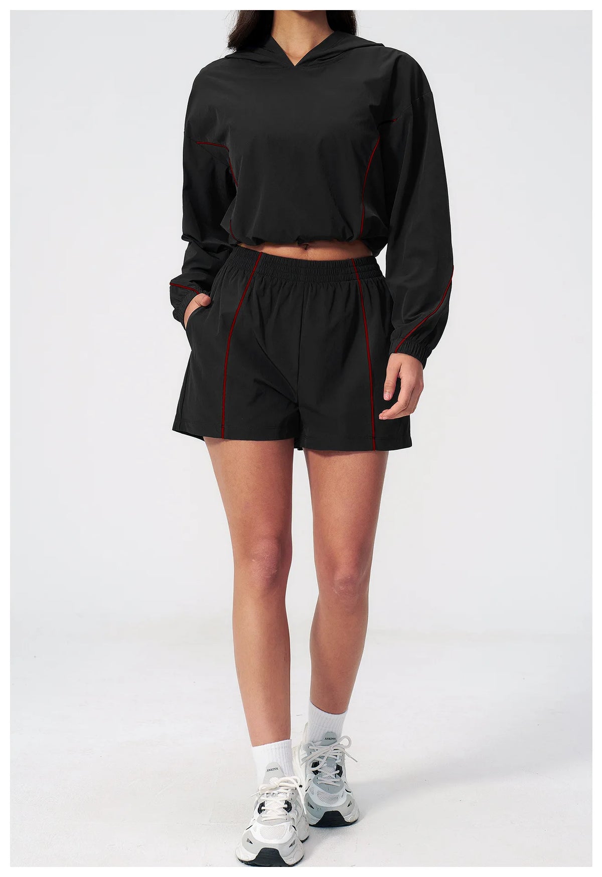 Summer Sun Protection Yoga Suit Women Contrasting Colors Long Sleeve Hoodies Top High Waist Shorts Running Fitness Athletic Wear