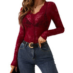 Trendy Women See Through Lace Tops Long Sleeve V Neck Slim Fit Shirts Retro Sexy Blouses Streertwear