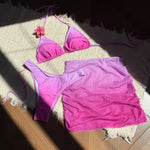 Women tie dye print bikinis sets 3pcs with mesh wrinkled perspective mini skirt swimsuit bathing suit beach outfits biquini