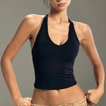Women's Summer V-Neck Yoga Sports Vest Hanging Back Neck Design Outdoor Running Training Gathered Fit Top for Active Wear