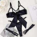 Women's 3 Piece Lingerie Set Sexy Hollow Out Satin Bow Tie Bra and Panty Set with Thigh Straps