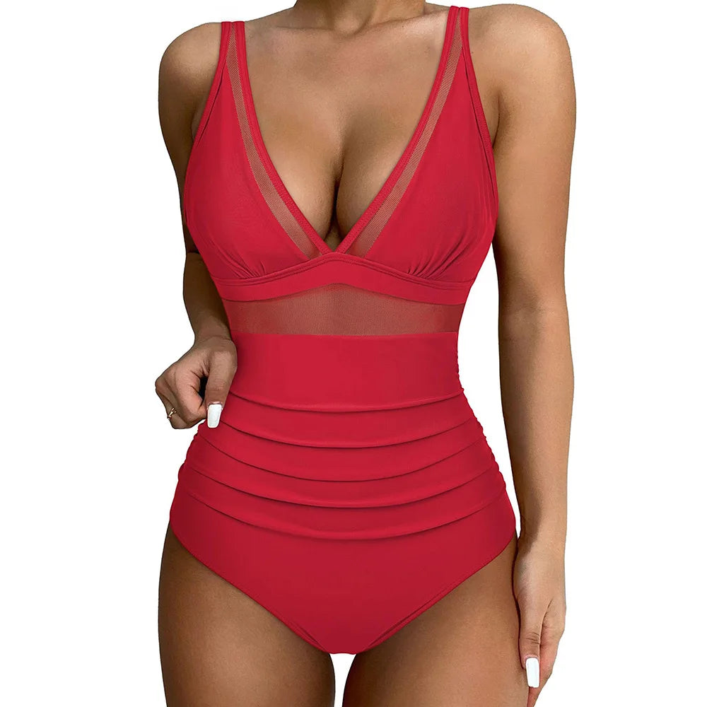 2024 Sexy One Piece Swimsuit Women Mesh Strappy Plunge Swimwear Tummy Control Bathing Suits Beach Wear Monokini Swimming Suit