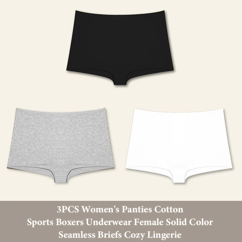 3PCS Women'sCotton Seamless Panties Sports Boxers Underwear Female Solid Color Briefs Cozy Lingerie Intimate Underpants XS-XL