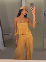 Women Pant Set Sheer Layers Spaghetti Strap Backless Lace Top Straps Solid Loose Straight Elastic Hem Fashion Beach Chic Suits