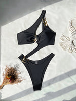 Sexy Metal Buckle Black One Piece Swimwear Women One Shoulder Hollow Out Backless Thong Bikini 2026 Summer Bathing Suit Swimsuit