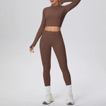 New Women Yoga Set Solid Color Double-Sided Brushed Bare Feel Short Long-Sleeve Jacket Tight Pants Running Fitness 2-Piece Set