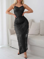 2 Piece Women Pure Desire Bindings Lingerie Sexy Mesh Transparent Dresses Lace Flowers Embroidery Long Slit Dress+G-String Set