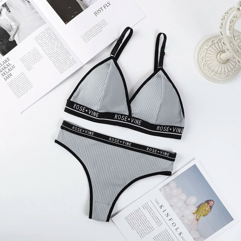 Women's Ribbed Wireless Triangle Bralette and Thong Set Low Rise Panties Daily Wear Comfort Underwear Ladies Sexy Lingerie Set
