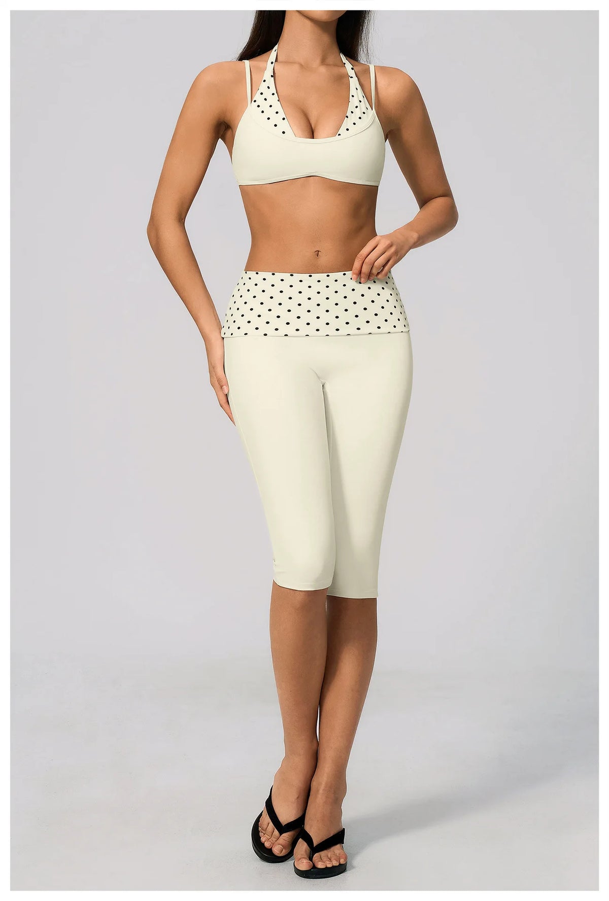 Summer Polka Dot Yoga Sets Women Hanging Neck Shockproof Sports Bra Fitness Suit Folding High Waist Mid Pants Gym Tracksuit