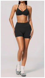 Seamless Yoga Suit Women Exposed Back Pleate Sports Bra High Waist Shorts Fitness Sets Outdoor Running Athletic Wear Tracksuit
