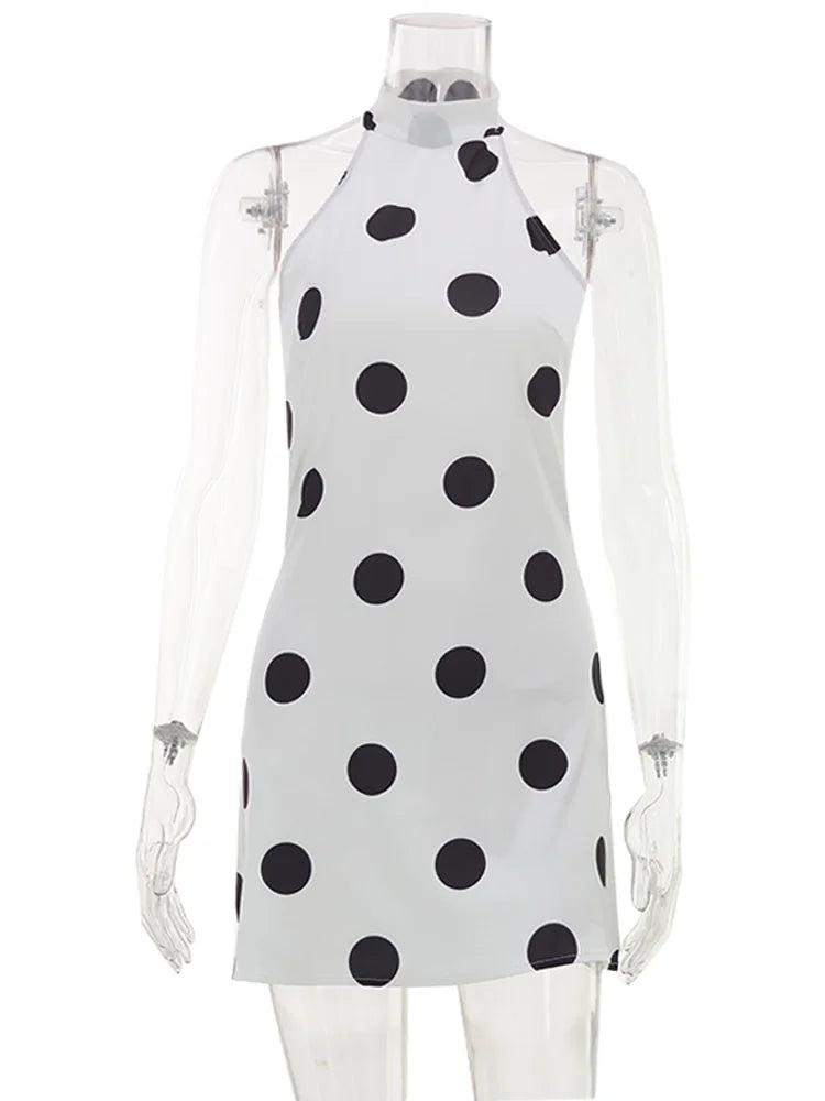 Ahagaga Sexy Slim Mini Dresses Women Polka Dot Print Halter Neck Sleeveless Backless A-Line Casual Vacation Zipper Vestidos