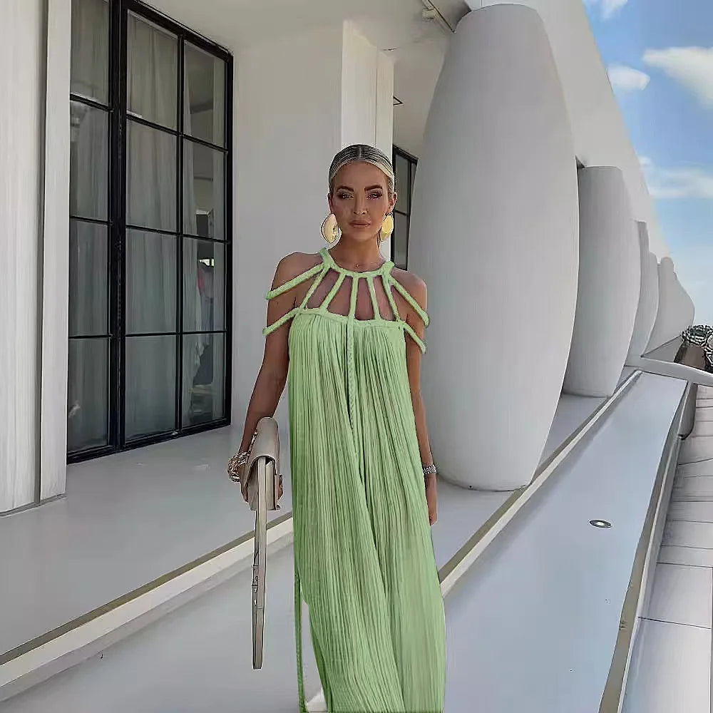 Summer Sleeveless Party Dress, Women Loungewear O-Neck Hollow Out Party Dress, Solid Color Patchwork Beach Style Ladies Dress