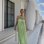 Summer Sleeveless Party Dress, Women Loungewear O-Neck Hollow Out Party Dress, Solid Color Patchwork Beach Style Ladies Dress
