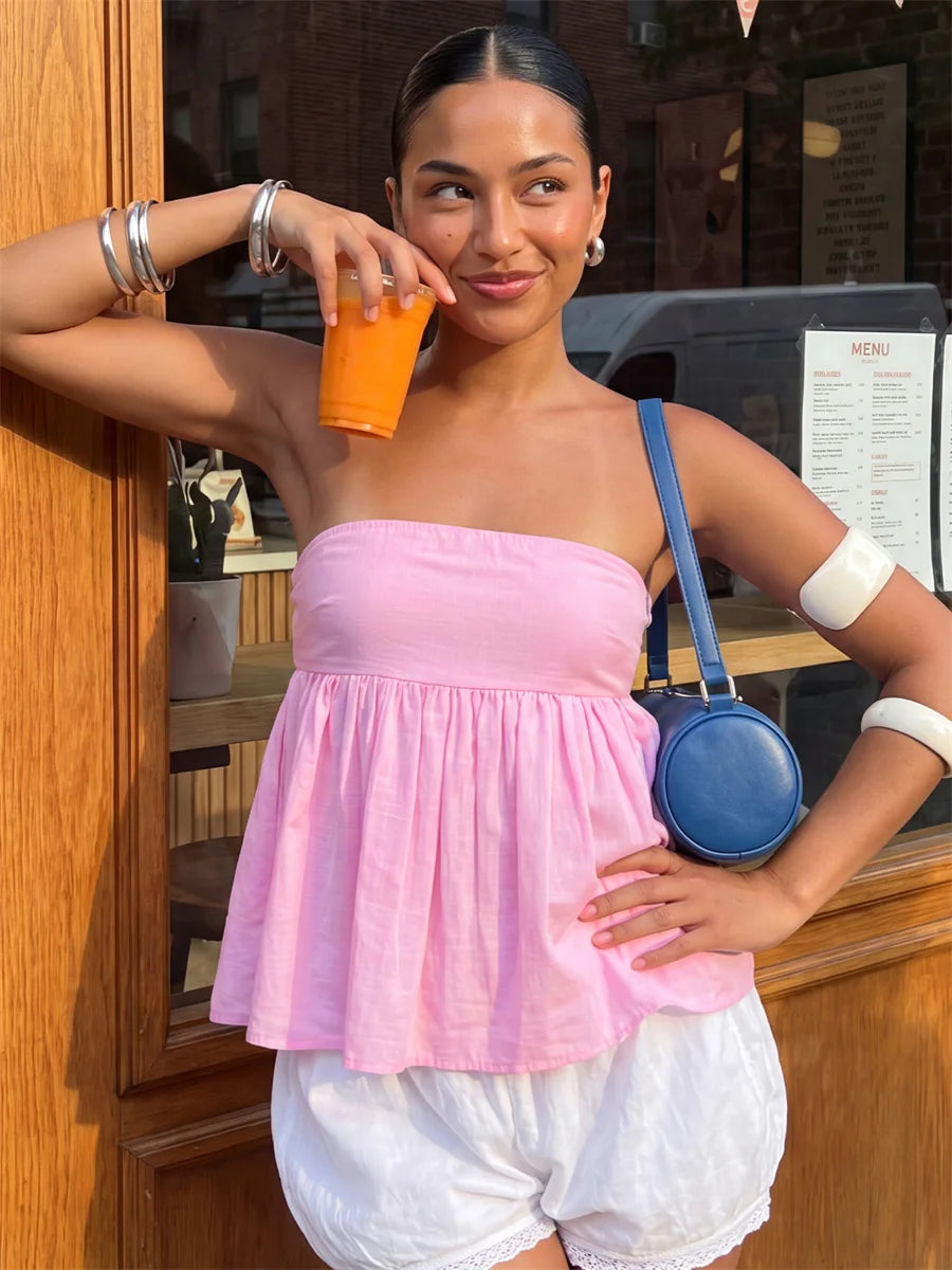 Women's Summer Tube Tops Solid Color Sleeveless Strapless Loose Bandeau Tops Casual Elegant Chic Shirts