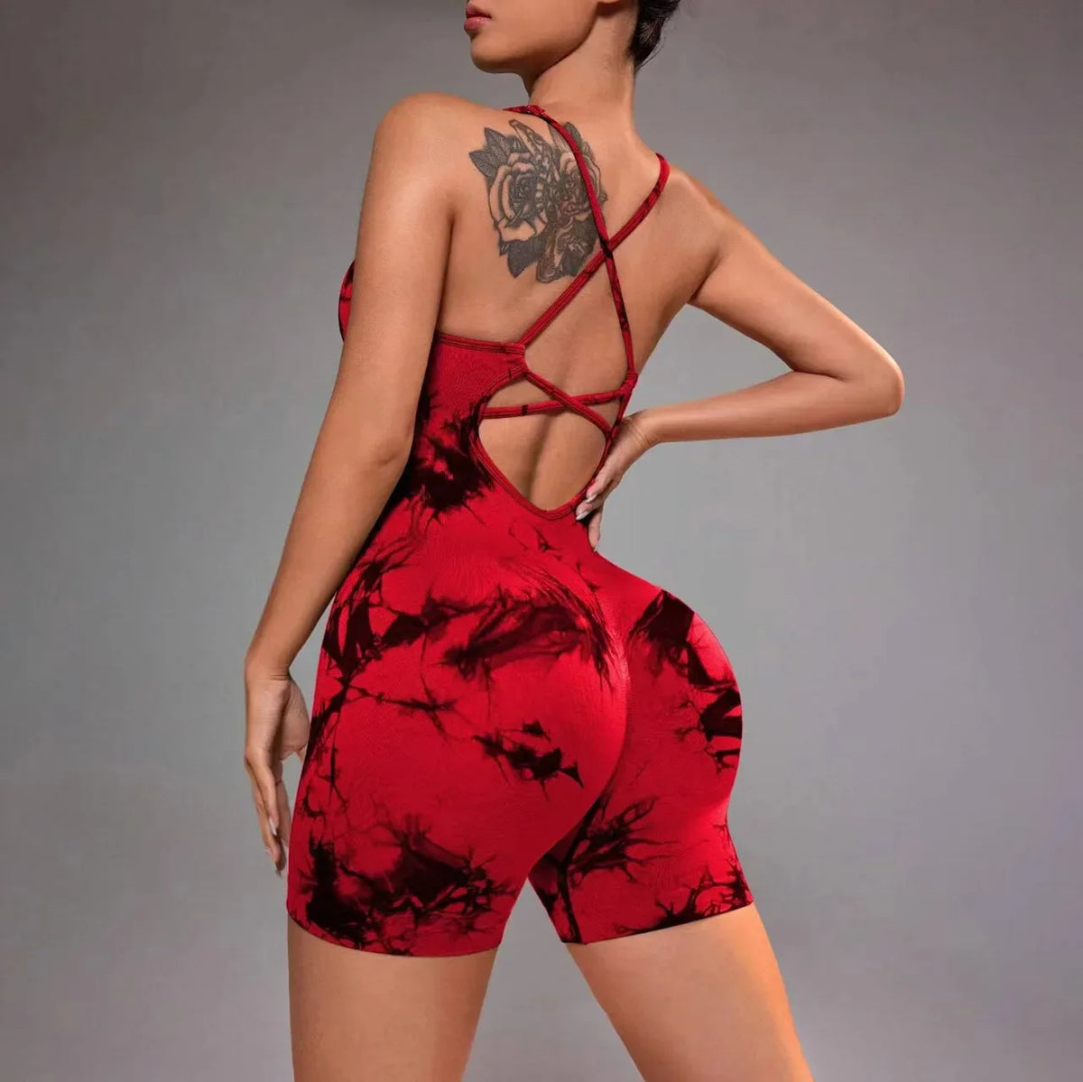Cross Back Tie-Dye One Piece Yoga Shorts - Stylish Cropped Yoga Jumpsuit for Women