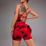 Cross Back Tie-Dye One Piece Yoga Shorts - Stylish Cropped Yoga Jumpsuit for Women