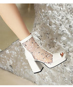 White Polka Dot Mesh Peep Toe Chunky Block Heel Platform Back Zipper Ankle Sandal Boots for Women