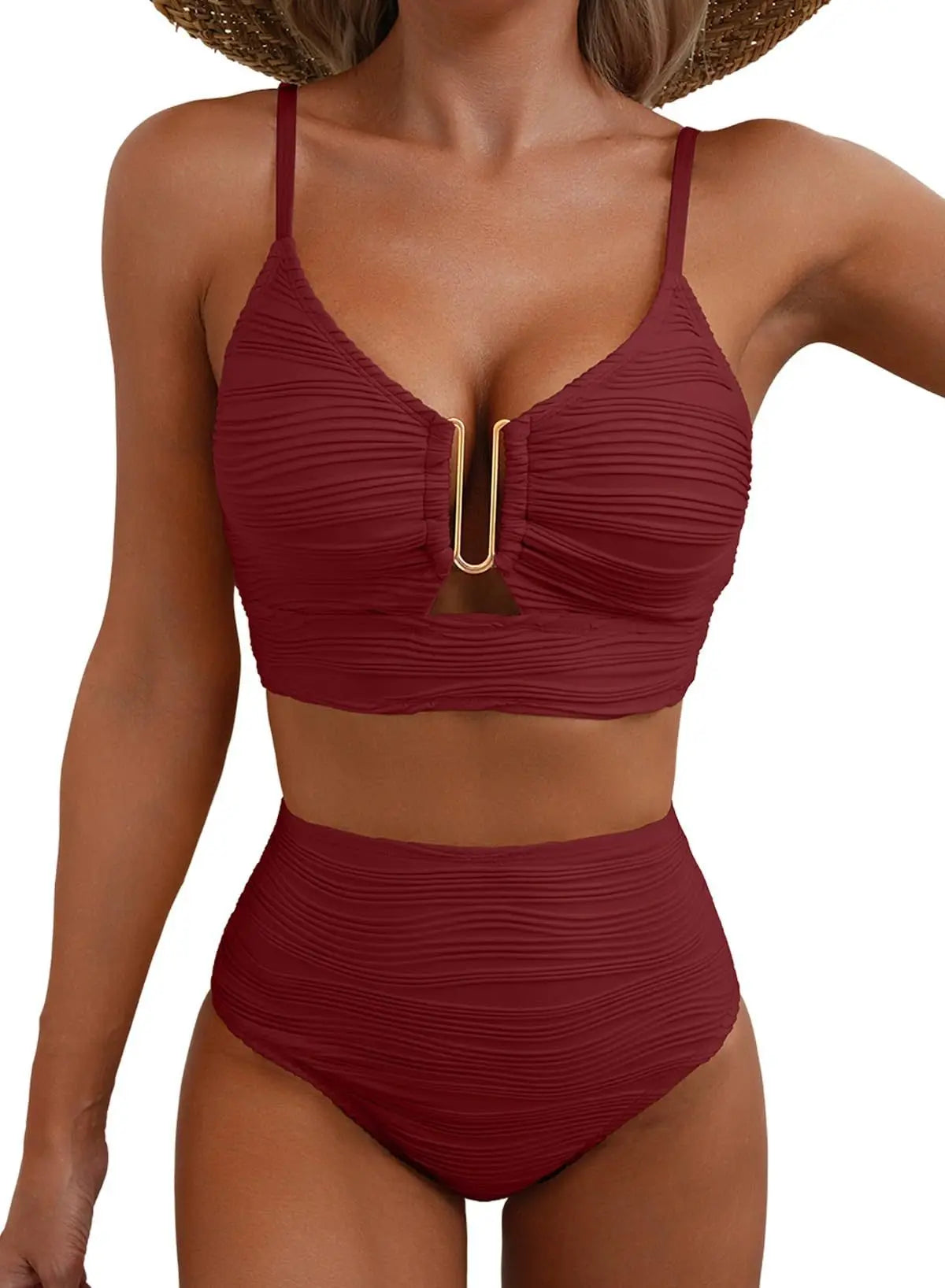 Women's New Swimsuit Bikini Set Fashion Sexy V-neck Hollow Swimsuit High Waist Textured Ruffled Swimsuit Women's Bikini Women