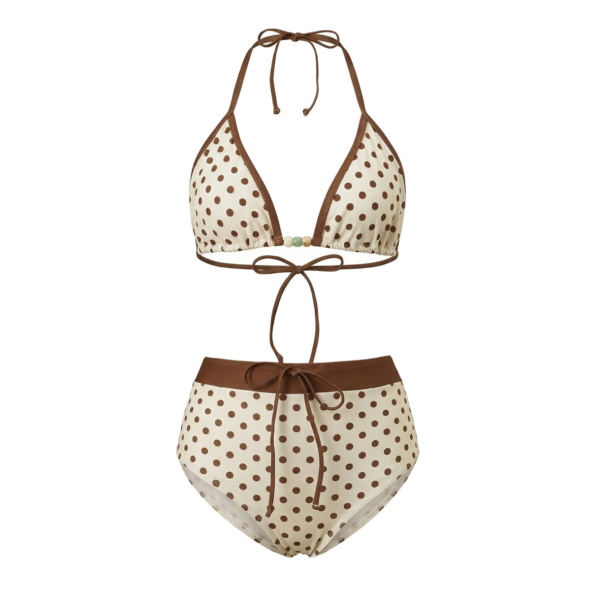 Women's Dots Printed Bikini Set Beaded Swimwear Halter Bikini Tops with High Waisted Swim Shorts for Pool Beach Bathing Suits