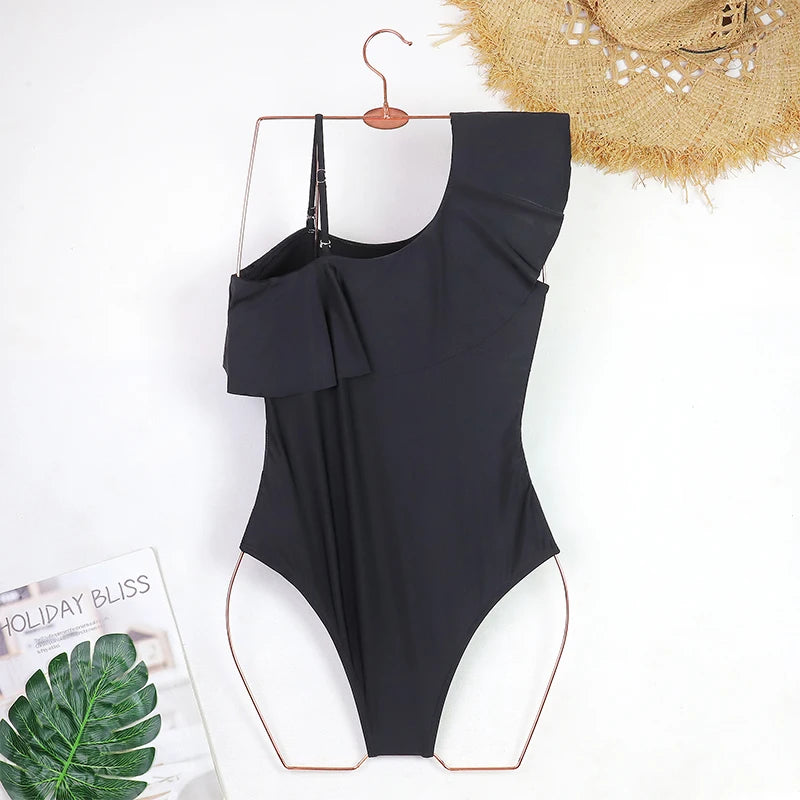 2025 Women's Ruffled One Piece Swimsuit Femme One Shoulder Backless Bathing Suit Sexy Monokini Beachwear Female Bodysuit
