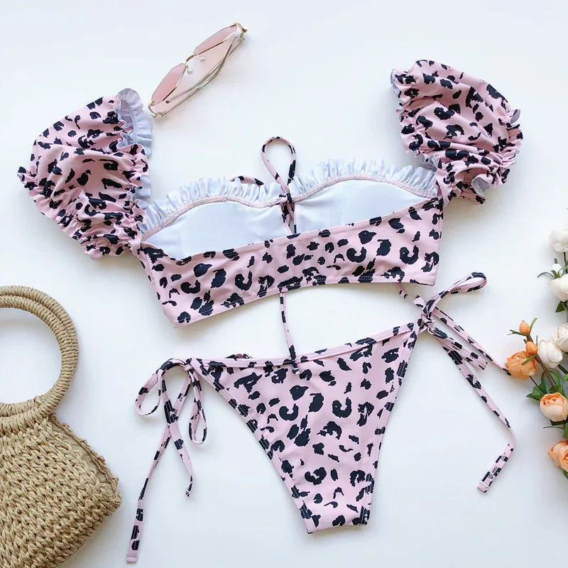DEKA Brazilian Puff Sleeve Bikini Set Women Thong Swimsuit Printed High Waist Swimwear Bathing Suit Beachwear Push Up Bikini