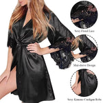 Women Lace Night Gown Robe with Floral Bathrobe Halt Sleeve Nightdress Female French Sexy Silky Satin Sleepwear