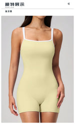 Tight Fitting One-piece Yoga Suit Women Color Bloack Square Collar Hollow Out Backless Butt-Lifting Gym Sports Short Jumpsuit