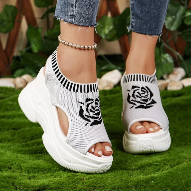 2026 Summer New Knitted Shoes Fairy Fish-mouth Wind Cake Sole High Heel Flying Weave Slope Heel Thick Sole Sports Women's Sandal