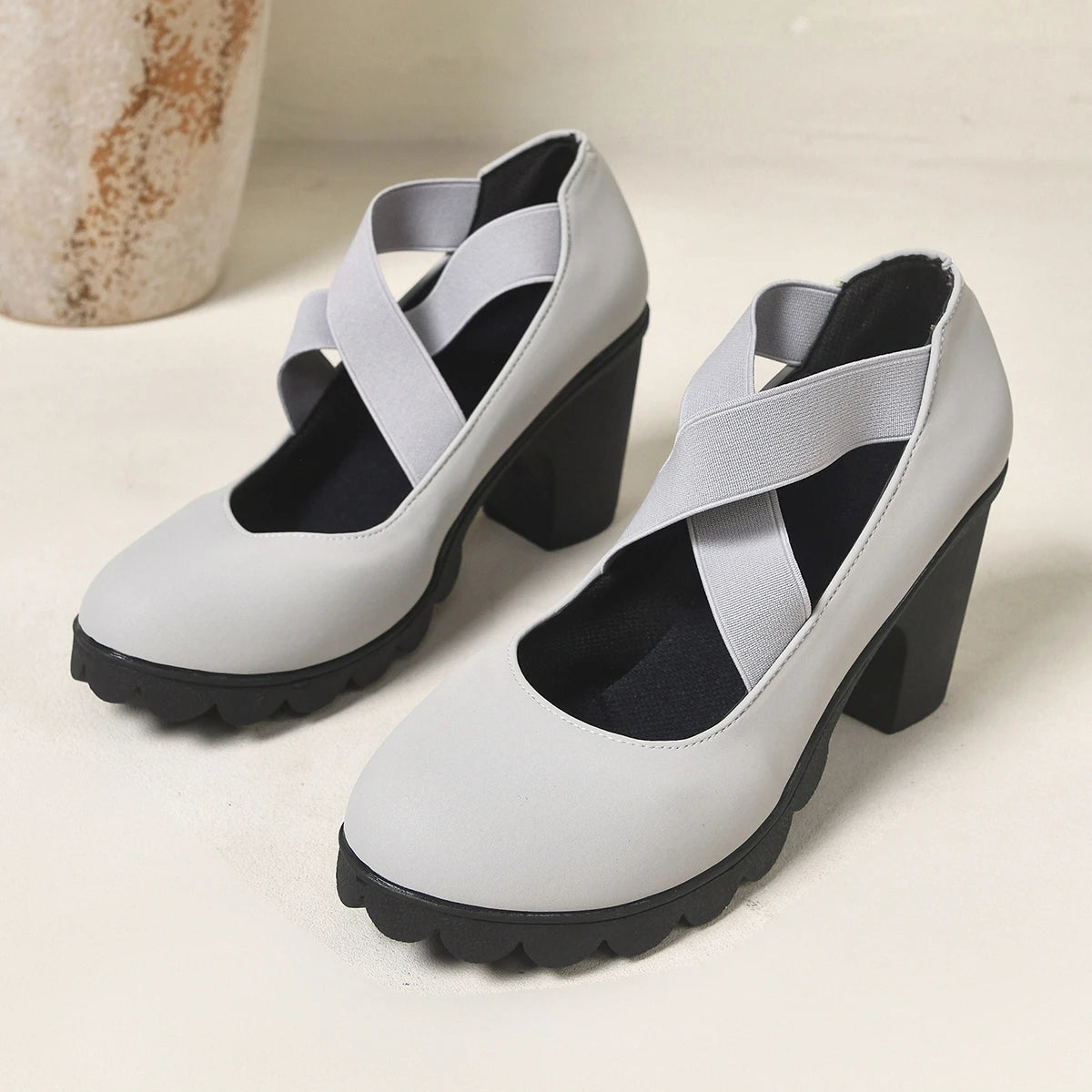 Women Mary Jane Pumps Cross Elastic Strap Suede Chunky High Heel Lug Platform Sole Dress Party Shoes Large Size