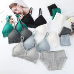 Women Padded Bra And Panties Set Low Waist Briefs Wire Free Bra Female Solid Color Underwear Sexy Lingerie Set One Size