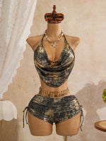 Sexy Hot Stamping Gold Swimwear Women 2026 Collar Split Top Drawstring Side High Waist Bikini Set Summer Bathing Suit Swimsuit