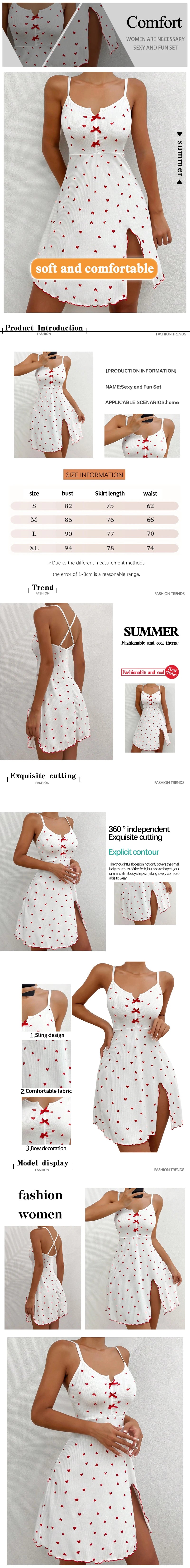 Summer Nightgown Women's Sleepwear Sexy V-Neck Heart Print Slit Front Dress Homewear Comfort Pajama Night Dress Nighties
