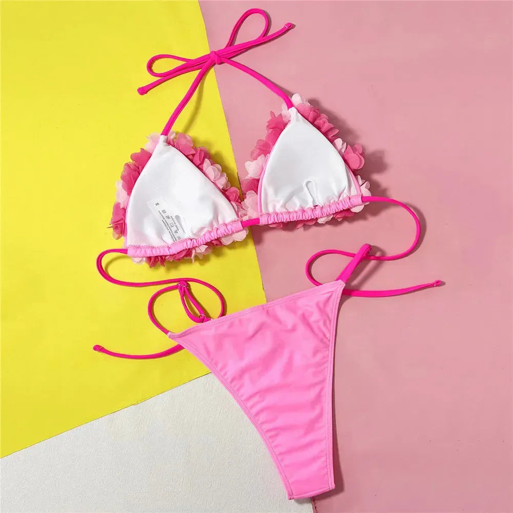 Sexy Pink Flower Swimwear Triangle Halter String Micro Bikini Thong Swimsuit Women 2025 Mesh Petal Bathing Suit Bikinis De Mujer