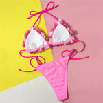Sexy Pink Flower Swimwear Triangle Halter String Micro Bikini Thong Swimsuit Women 2025 Mesh Petal Bathing Suit Bikinis De Mujer
