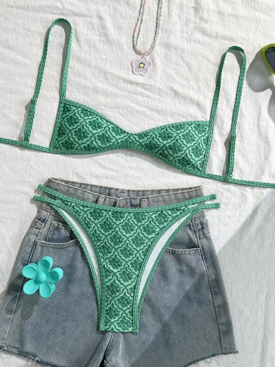 XS - XL Flowers Printed High Leg Cut Bikini Female Swimsuit Women Swimwear Two-pieces Bikini set Bather Bathing Suit Swim Lady
