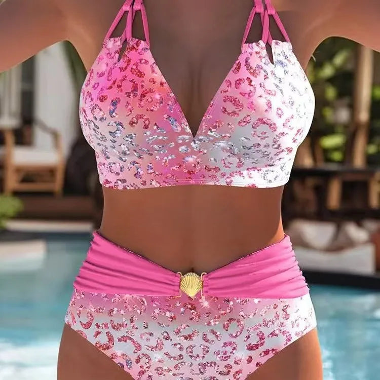 Vintage Purple Leopard Print Gradient Two Piece Swimsuit Tankini Set Women V Neck Push Up Bra Belt High Waist Swimwear 2026 3XL